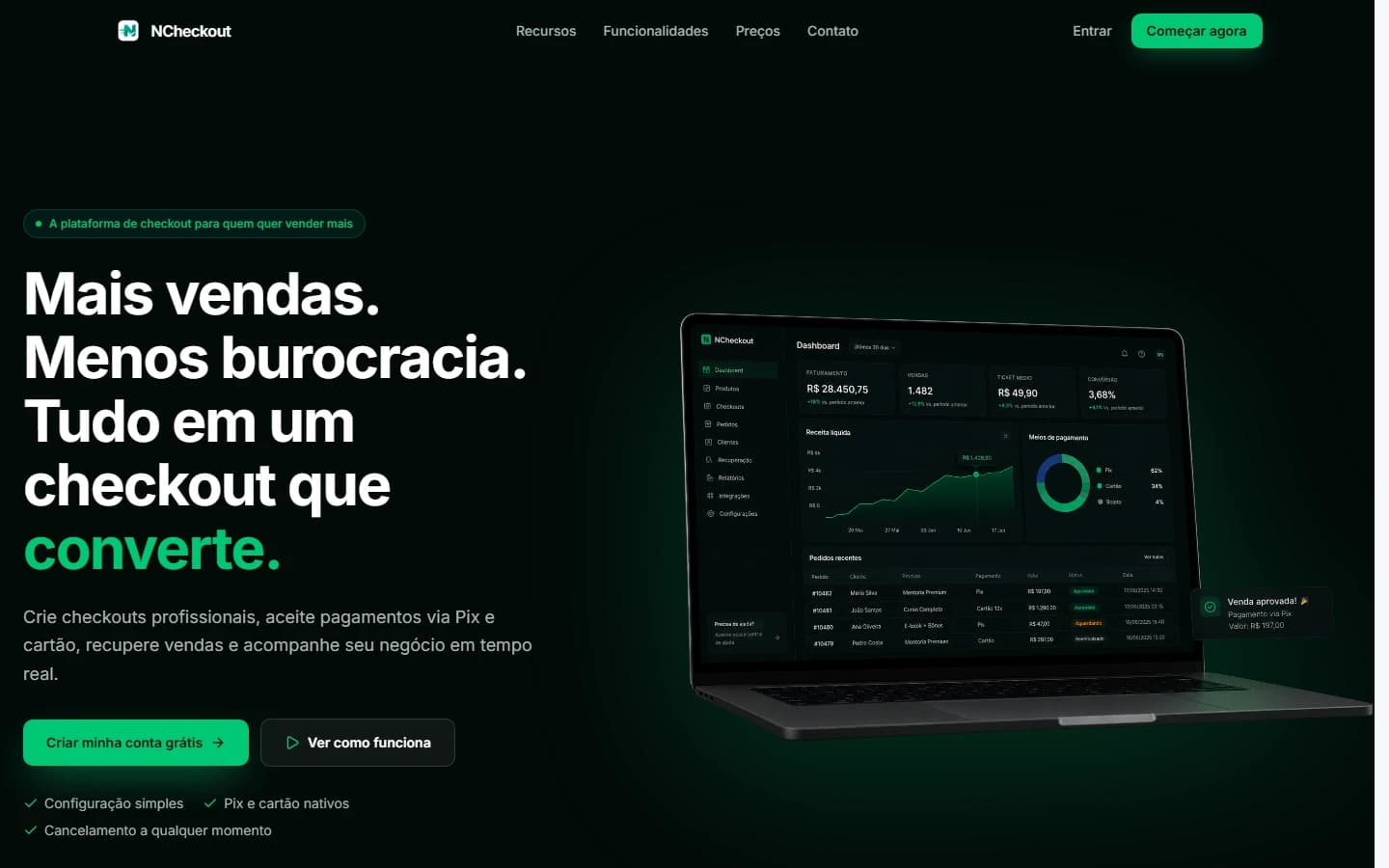 Página inicial real do NCheckout, com apresentação da plataforma de checkout e painel de gestão em um notebook.